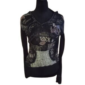 Bongo Women's Size Large Black Hooded Top - Vintage